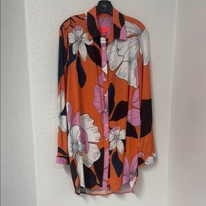 NWOT Maaji Orange Long Sleeve Graphic Button Down Shirt Dress or Swim Coverup